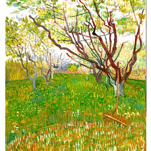 May include: A painting of a field of green grass with a few trees in the background. The trees have red branches and yellow leaves. There is a rake lying on the ground in the foreground.