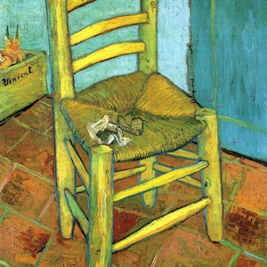 May include: A yellow wooden chair with a woven straw seat. The chair is in a room with a tiled floor and a blue wall. The chair is painted in a style reminiscent of Vincent van Gogh.