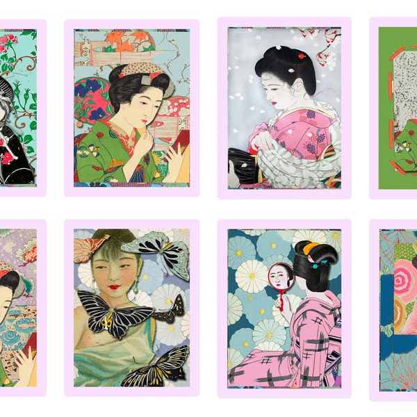 Fabric Panels x Set of  8; Oriental ladies, Japanese,Vintage,Quilting, 100% cotton, Applique, Craft fabric prints