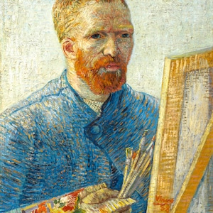 May include: A self-portrait of Vincent van Gogh, a Dutch post-impressionist painter, with a red beard and a blue jacket. He is holding a palette of paints and brushes in his left hand, and a canvas is leaning against his right shoulder.
