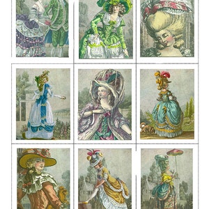 May include: Nine illustrations of people in various 18th century clothing and hairstyles. The illustrations are in a collage format with a white background.