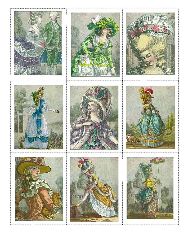 May include: Nine illustrations of people in various 18th century clothing and hairstyles. The illustrations are in a collage format with a white background.