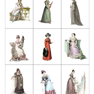 May include: Nine illustrations of women in various poses wearing different styles of dresses and hats from the early 1800s. The women are depicted in a variety of settings, including a room with a table, a chair, and a harp.