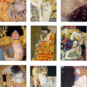 Op de afbeelding: Een verzameling van negen kunstdrukken met werken van Gustav Klimt. De schilderijen tonen portretten en figuren met bladgoudaccenten, levendige kleuren en ingewikkelde patronen. De kunstwerken beelden vrouwen in verschillende poses af, met een focus op Art Nouveau.