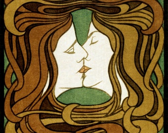 May include: A vintage art nouveau illustration of two women's faces kissing, surrounded by swirling brown and gold lines against a green background.