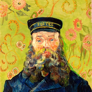 May include: A portrait painting of a man wearing a blue cap with the word "POSTES" on it. He has a long, gray beard and is wearing a blue jacket. The background is a green and yellow floral pattern.