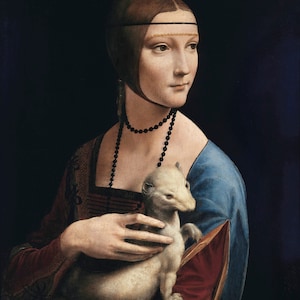 May include: A woman in a blue and red dress holds a white ferret in her arms. She is wearing a black beaded necklace and a gold headband. The painting is titled "La Belle Ferronniere" by Leonardo da Vinci.