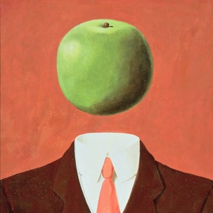 May include: A painting depicting a green apple against a red background. The apple is positioned above a brown suit jacket with a white shirt and a red tie.