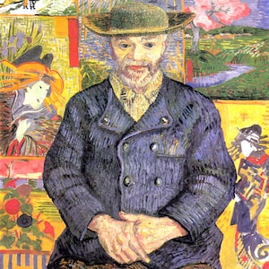 May include: A painting of a man wearing a blue jacket and a straw hat. He is sitting with his hands clasped in his lap. The background is a colorful collage of different scenes, including a mountain, a cherry blossom tree, and a Japanese woman.