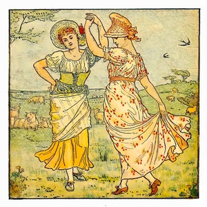 May include: Two women in vintage dresses and straw hats dance in a field with sheep. The woman on the left wears a yellow dress with a white apron and a green bodice. The woman on the right wears a white dress with red floral print.