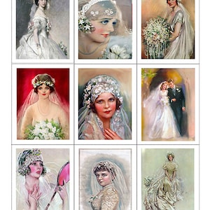Puede incluir: Nueve ilustraciones vintage de novias con diferentes vestidos de novia y velos. Las novias se representan en diferentes poses y escenarios, incluyendo una novia con un ramo de flores, una novia con un espejo y una novia con su novio.