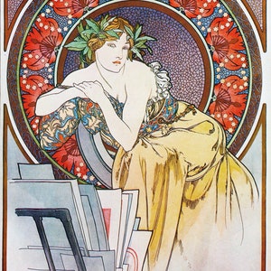 May include: A woman in a yellow dress sits in a chair with a floral design. She is surrounded by a circle of red flowers and stars. The image is in the Art Nouveau style and features the artist's signature, "Mucha."