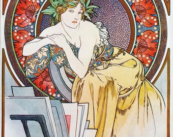 Paneles de tela; Vintage Francés Publicidad Alphonse Mucha cartel Chica con Caballete Craft / Acolchado / 100% Algodón / Aplique