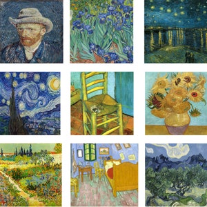 Fabric Panels set of 9 Vincent Van Gogh Fabric Panels Starry Night Sunflowers fabric blocks , 100% cotton/ Quilting/ Appliqué fabric panels