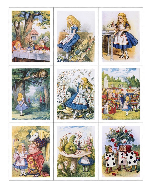 Fabric Panels Set of 9 Alice in Wonderland, Vintage Tenniel, Quilting, 100%  Cotton, Blocks, Applique, Craft 