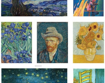 Sunflower FabricSet of 9 Fabric Panels,Vincent Van Gogh, Quilt Blocks, Applique patches, Starry Starry Night Craft Fabric