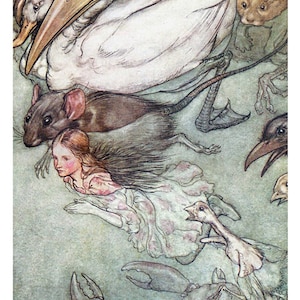 May include: A vintage illustration of Alice falling through the air, surrounded by various animals including a rat, a bird, a crab, and a duck. The illustration is in shades of grey and brown, with a light blue background.