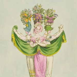 May include: Three women wearing elaborate hats adorned with flowers, holding a green shawl with gold trim. The women are wearing white dresses with pink and yellow accents.