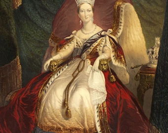 May include: A portrait of a woman wearing a crown and a red and gold robe. She is sitting on a throne with a fur-trimmed cushion. The woman is looking directly at the viewer.