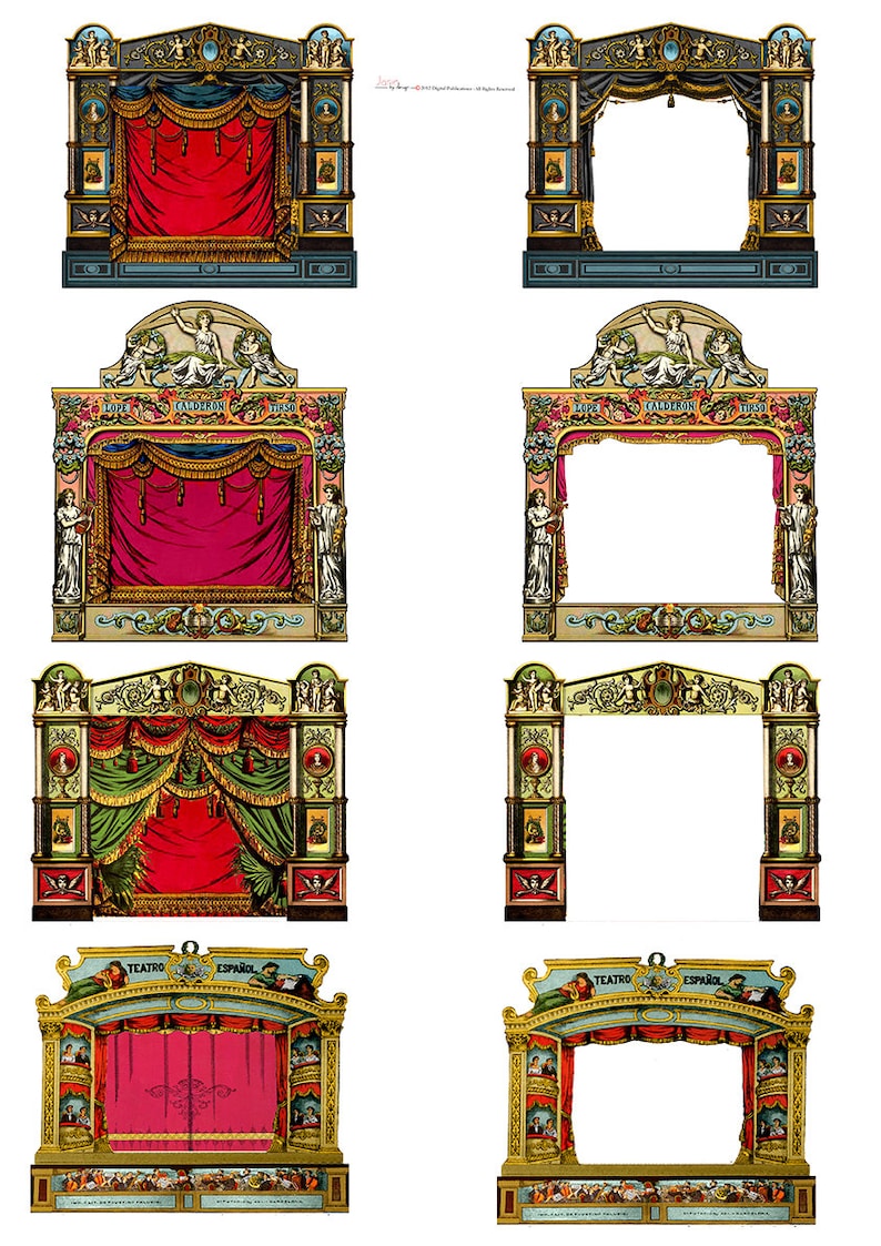 Peut inclure: Huit illustrations vintage d'arches de sc&egrave;ne de th&eacute;&acirc;tre orn&eacute;es. Les arches sont d&eacute;cor&eacute;es d'accents dor&eacute;s, rouges et verts. Certaines arches ont des rideaux, tandis que d'autres sont vides. Le texte "TEATRO ESPANOL" appara&icirc;t sur deux des arches.