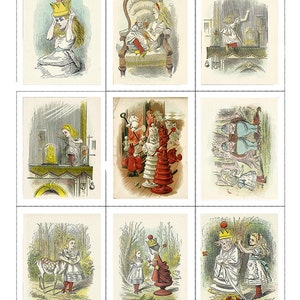 May include: Nine illustrations from Alice's Adventures in Wonderland, featuring Alice in various scenes, including a scene with a crown, a scene with a caterpillar, and a scene with a queen.
