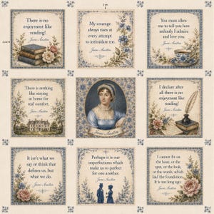 May include: A fabric panel featuring nine square blocks with Jane Austen quotes and illustrations. Each block has a blue floral border on a cream background. Two 2 cm markers are visible. The central block shows a portrait of Jane Austen.