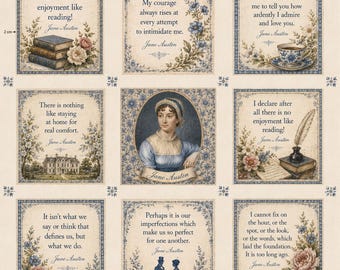 Conjunto de 9 painéis de tecido com citações de Jane Austen, estilo Regência, 100% algodão, para diário de patchwork, blocos de patchwork e apliques.