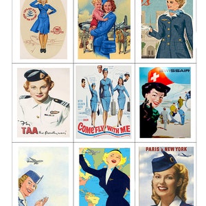 May include: Nine vintage travel posters featuring images of flight attendants in blue uniforms. The posters advertise airlines such as TWA, Swissair, and TAA. The posters feature images of aeroplanes, maps, and cityscapes.