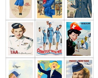 Fabric Panel/Vintage Airline Air Stewardess  fabric/ Set of 9 Panels /Airline / Air plane destination fabric panels 100% cotton