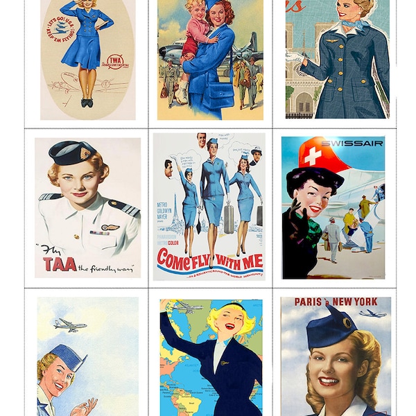 Stoff panel/Vintage Airline Air Stewardess Stoff/ Set von 9 Panels/Airline/Air Plane Destination Fabric Panels 100% Baumwolle