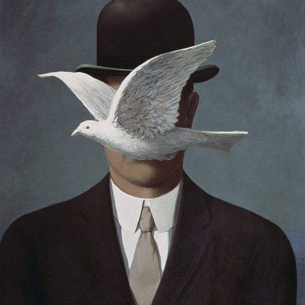 Fabric Panel Rene Magritte Bird Man Bowler Hat fabric  face mask fabric block  Craft/ Quilting/ 100% Cotton/ Applique