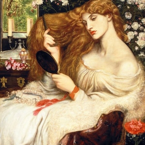 May include: A woman with long, flowing red hair sits in a chair, looking at her reflection in a hand mirror. She is wearing a white gown and a red ribbon around her wrist. The background is filled with white roses and green leaves.