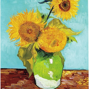 May include: A still life painting of a vase filled with sunflowers. The vase is green with white accents and the sunflowers are yellow with brown centers. The background is a light blue color.