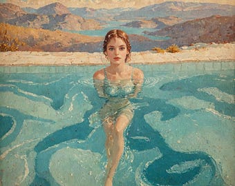 Fabric Panels "Women  in pool "  AMeachem Vintage Fabric Portrait Quilting, 100% cotton, Applique patch, Craft fabric block pool art