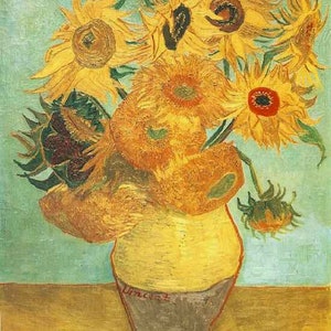 May include: A painting of a vase filled with sunflowers. The sunflowers are yellow with brown centres and green leaves. The vase is a light yellow colour with a brown base. The background is a light blue colour.