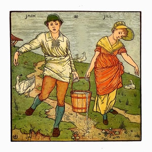 May include: An illustration of a man and a woman carrying buckets. The man is wearing a brown hat, a white shirt, brown trousers, and blue socks. The woman is wearing a white hat, a yellow dress with a red sash, and brown shoes. The man is holding a bucket of water that is spilling onto the ground. The woman is holding a bucket of water that is full. The illustration is titled "Jack" and "Jill" and has the number "82" in the top right corner.