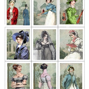 Set of 9 Fabric Panels, Jane Austen, Regency fashion , 100% cotton ATC Journal,Craft Quilt Blocks, Applique Patches