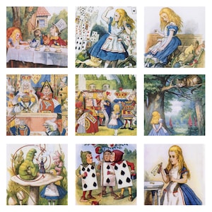 Może przedstawiać: Winietkowa ilustracja Alicji w Krainie Czarów, przedstawiająca sceny z książki. Ilustracje są w kolorowym stylu kreskówkowym i przedstawiają Alicję wchodzącą w interakcję z różnymi postaciami, w tym Królową Kier, Szalonym Kapelusznikiem i Kotem z Cheshire.