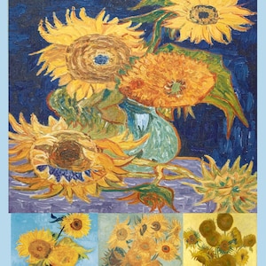 May include: A painting of a still life featuring a vase filled with sunflowers. The sunflowers are yellow with brown centers and are arranged in a vase on a table. The background is a dark blue.