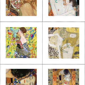 Op de afbeelding: Een verzameling van zes schilderijen van Gustav Klimt, met vrouwen en bladgoud. De schilderijen zijn in een rasterformaat gerangschikt, met drie rijen en twee kolommen. De schilderijen hebben allemaal een vergelijkbare stijl, met een focus op de vrouwelijke vorm en het gebruik van bladgoud.