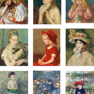 Puede incluir: Una colección de nueve pinturas que representan a niñas jóvenes en diversas poses y escenarios. Las pinturas son de estilo tradicional con colores suaves y pinceladas delicadas.