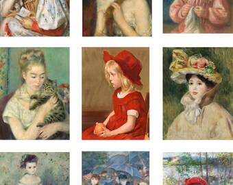 Fabric Panels Set of 9 panels Renoir Paintings, Vintage Art , Quilting Panels  blocks, 100% cotton, Applique patches , Craft