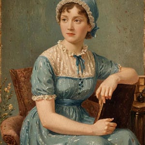Peut inclure: Un portrait peint d'une femme vêtue d'une robe bleue et d'un bonnet bleu et blanc. Elle est assise sur une chaise et tient un livre. L'arrière-plan est un mur vert.