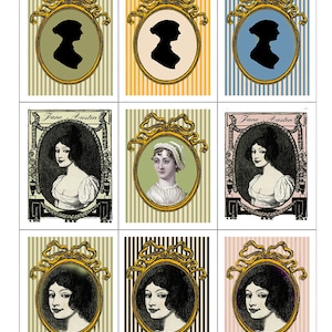 May include: Nine images of Jane Austen, three with a silhouette of her head in a gold oval frame, three with a portrait of her in a gold oval frame, and three with a portrait of her in a gold oval frame with a different background. The text "Jane Austen" appears in the top of two of the images.
