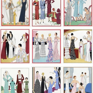 Fabric Panels set of 9 Art Deco French Parisian fashion illustrations Vintage fabric panels  100% cotton applique quilting panels