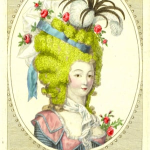 Peut inclure: Une illustration vintage d'une femme avec une coiffure élaborée et volumineuse ornée d'un ruban bleu, de plumes blanches et de fleurs rouges. La coiffure est intitulée "Coiffure aux Charmes de la Liberté" et le texte "Se trouve à Paris chez Depain Coiffeur de Dames, et auteur de cette coiffure..." est inclus.