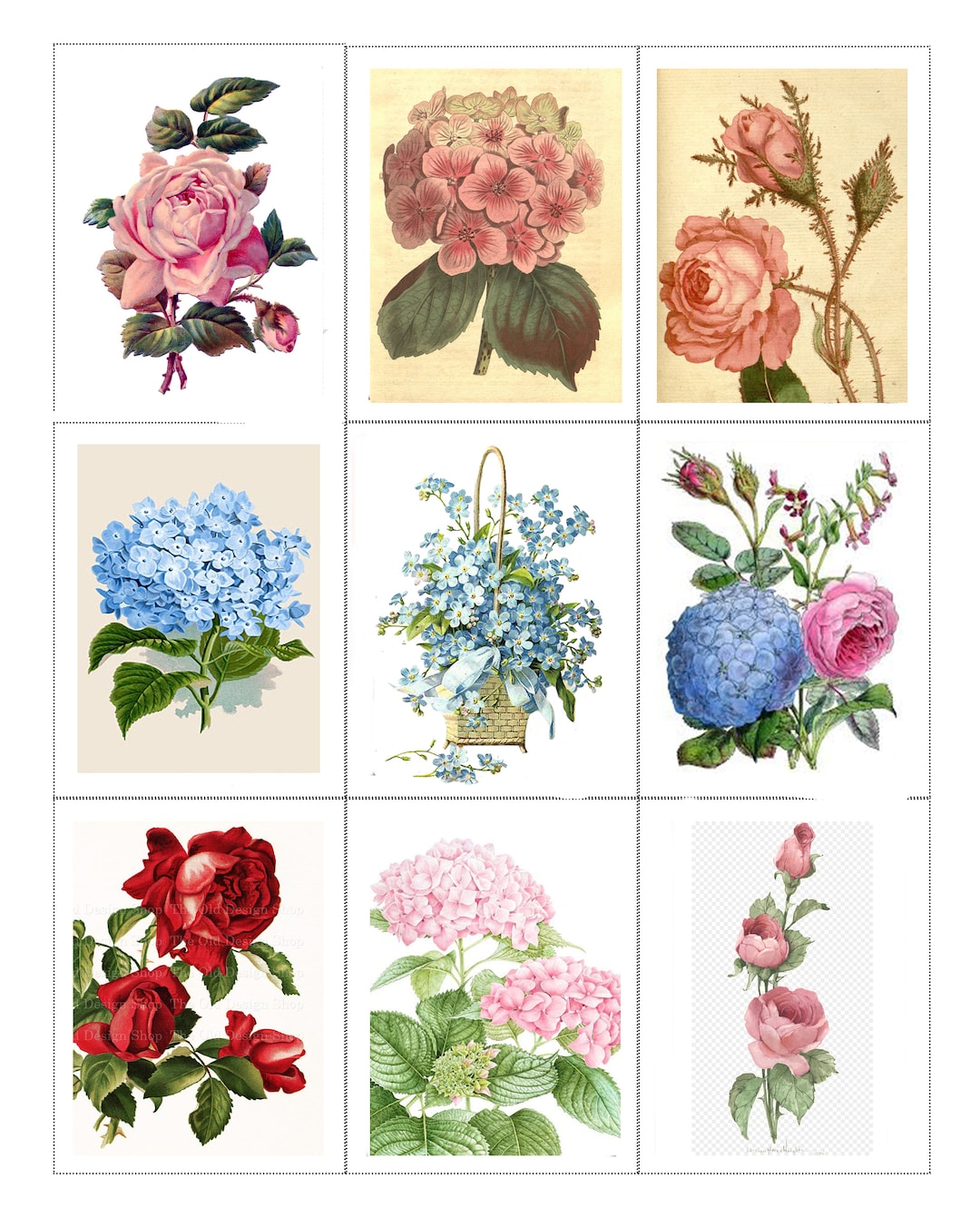 Fabric Panel Vintage Flowers / Set of 9 Panels /altered Art/ Cards Craft/ Quilting/ 100 Cotton