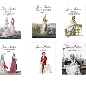 May include: A collage of six book covers featuring illustrations of women in various settings. The covers are for Jane Austen novels: Sense & Sensibility, Northanger Abbey, Pride & Prejudice, Mansfield Park, Emma, and Persuasion.