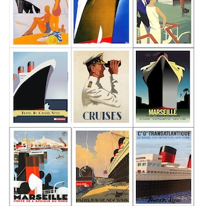 May include: Nine vintage travel posters featuring ocean liners. The posters are in a grid format with three rows and three columns. The posters feature images of ships, people, and destinations. The posters are in a variety of colors and styles.