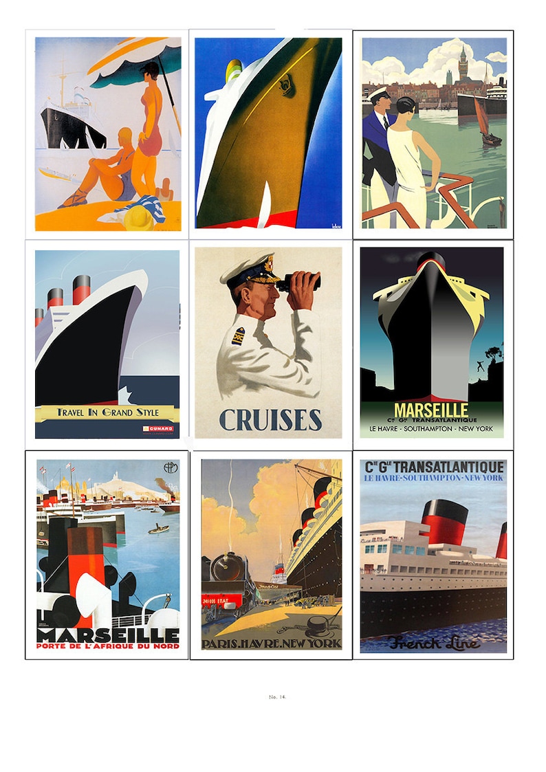 May include: Nine vintage travel posters featuring ocean liners. The posters are in a grid format with three rows and three columns. The posters feature images of ships, people, and destinations. The posters are in a variety of colors and styles.